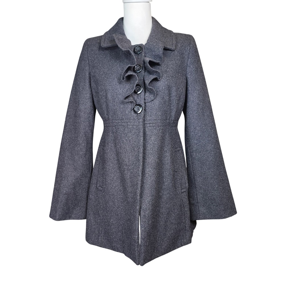 Old Navy Wool Blend Pea Coat Women Small Gray Ruffle Jacket Minimalist Twee Warm